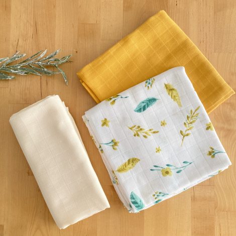 Muslin fabric leaf patterned baby blanket set, 3 pcs / 80x80 cm - Bimotif