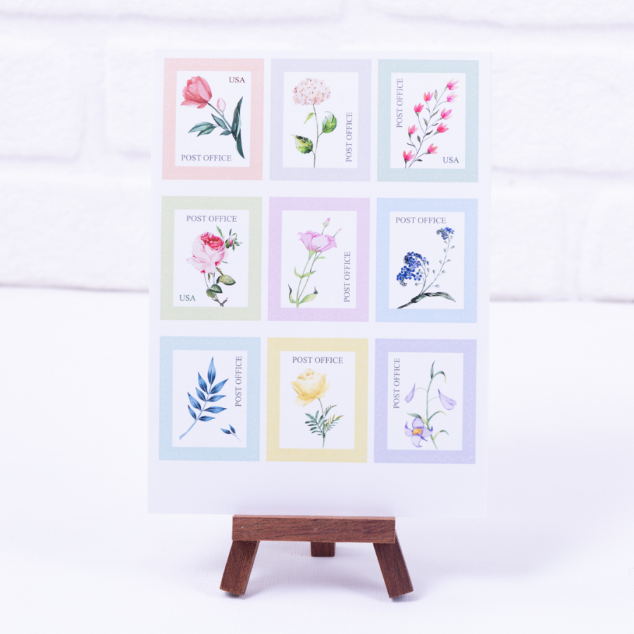 Mixed plant and flower patterned stamp sticker set, A5 / 2 pages - 1