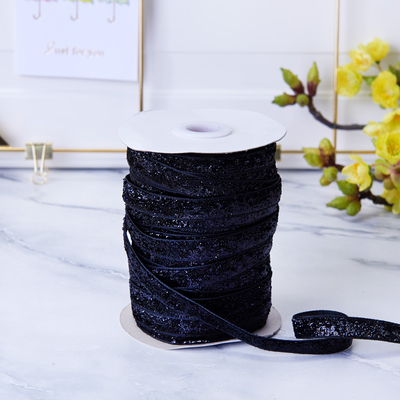 Glitter velvet ribbon, black, 1 cm / 5 metres - 1