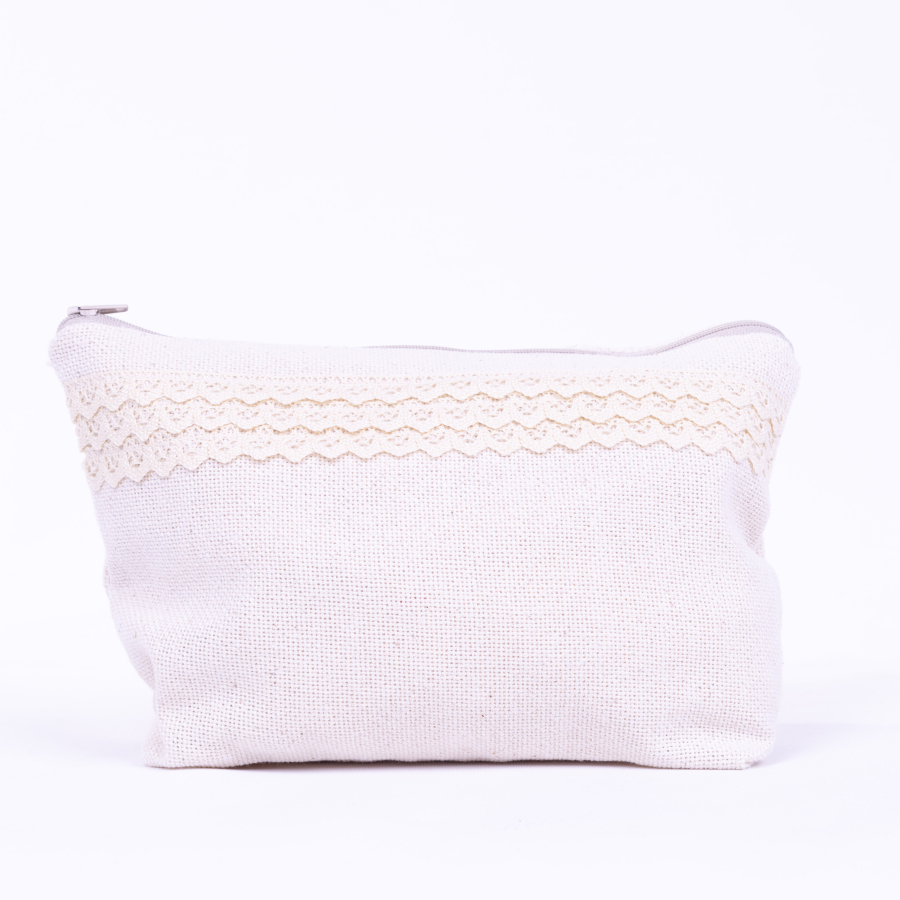 Cream make-up bag with lace stripe detail in Cendere fabric - 1