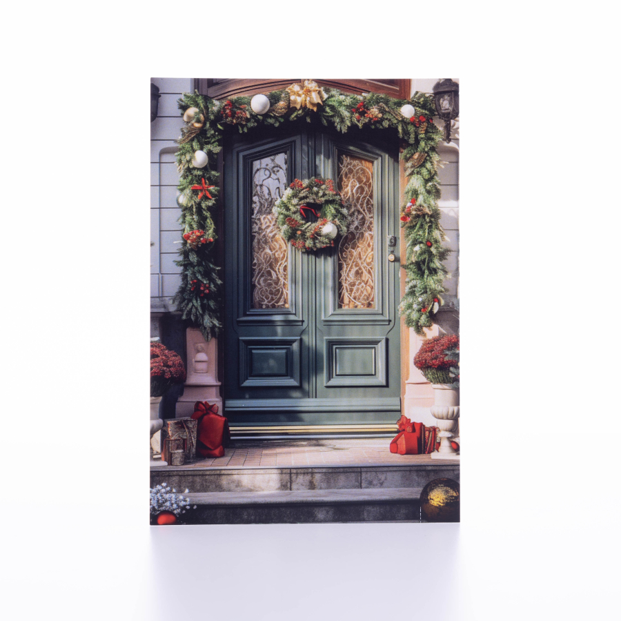 Postcard, Christmas, decorated door with green garland, 12x17 cm / 6 pcs - 1