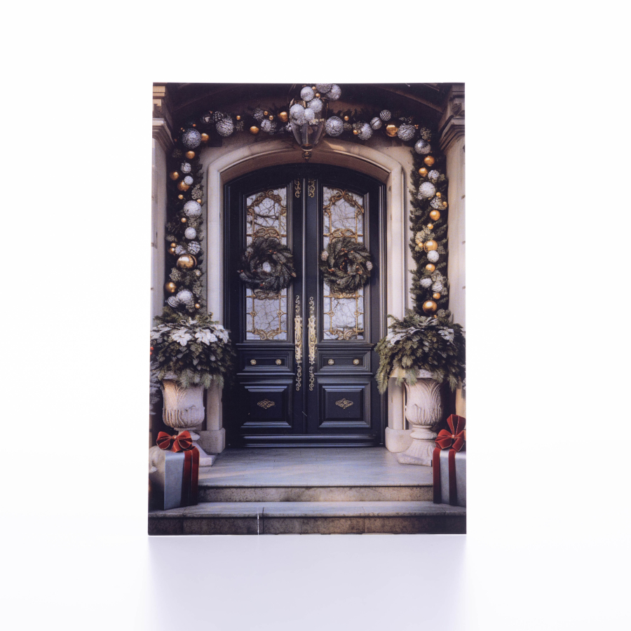 Postcard, Christmas, white decorated door, 12x17 cm / 6 pcs - 1