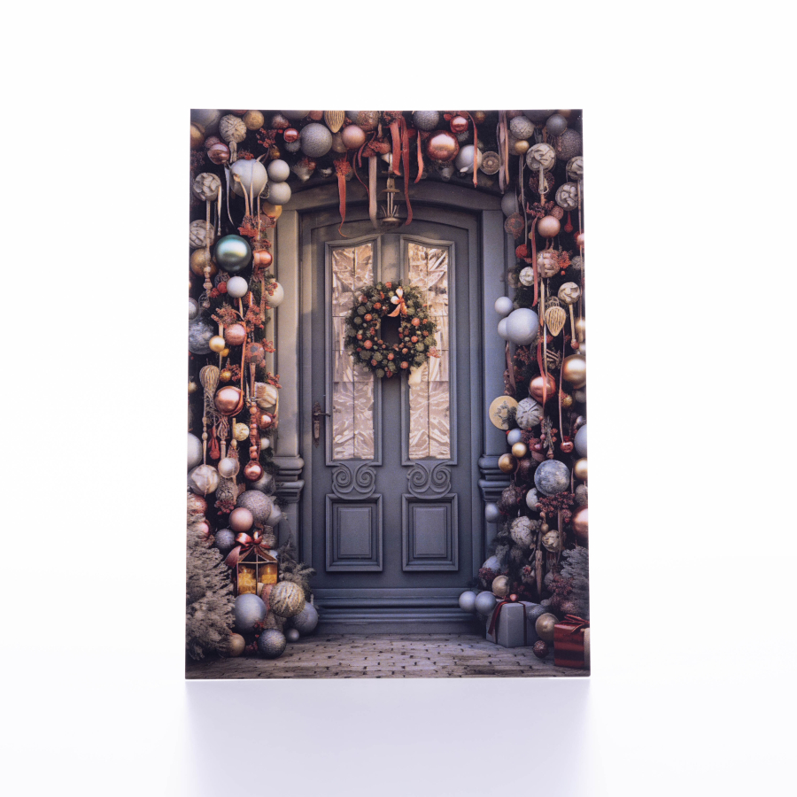 Postcard, Christmas, door decorated with Christmas balls, 12x17 cm / 6 pcs - 1