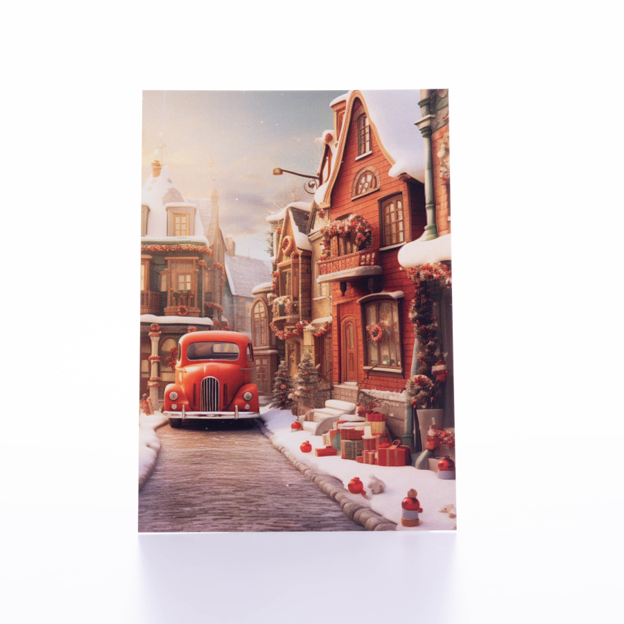 Postcard, Christmas, winter street and antique car, 12x17 cm / 6 pcs - 1