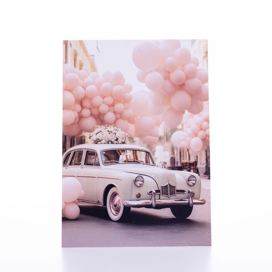 Wedding and invitation card, note can be written on the back, car decorated with balloons and flowers, 12x17 cm / 25 pcs - 2