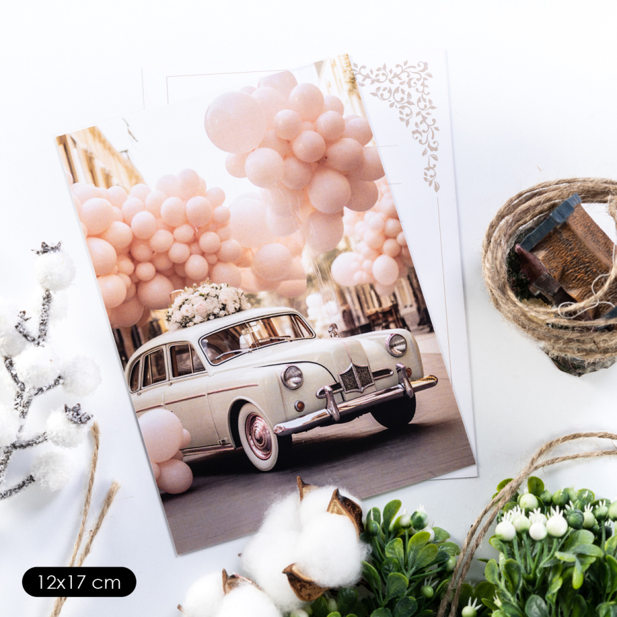 Wedding and invitation card, note can be written on the back, car decorated with balloons and flowers, 12x17 cm / 25 pcs - 1