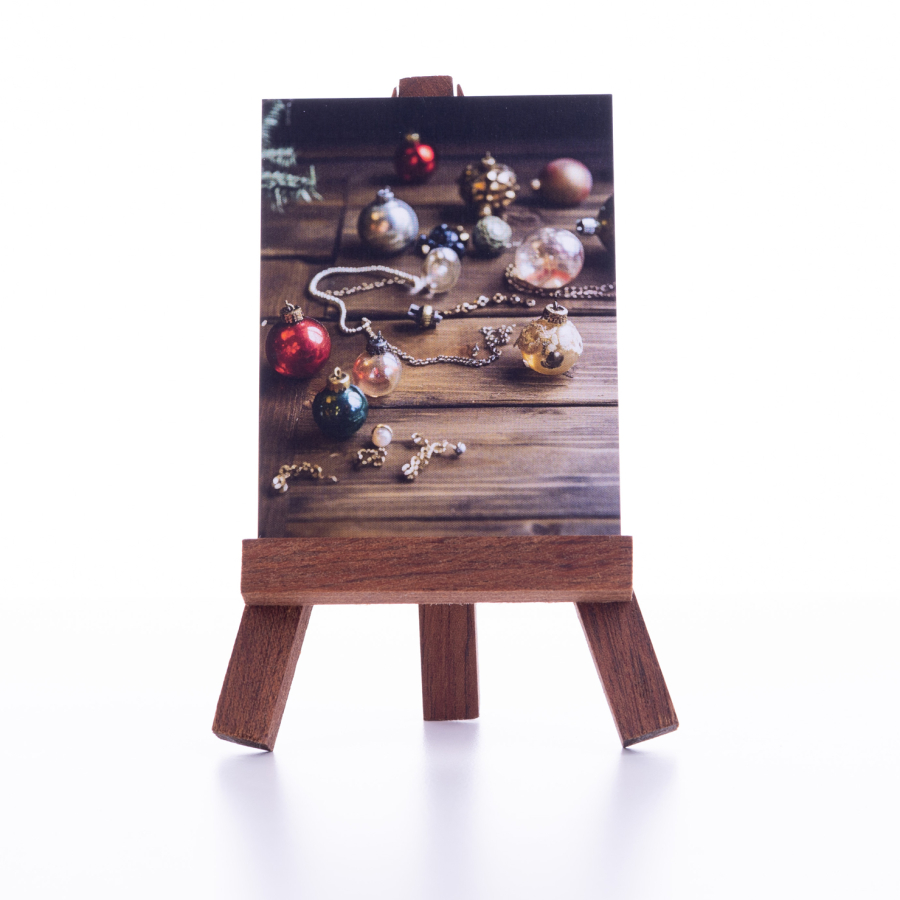 Christmas note and greeting card, wooden table and ornaments 6,5 x 8,5 cm / 3 pcs - 1