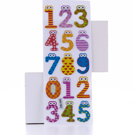 Embossed adhesive sticker, Colorful numbers with eye figures / 5 pages - Bimotif