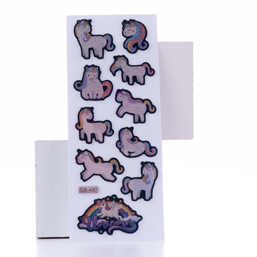 Embossed adhesive sticker, glitter unicorn / 5 sheets - 1