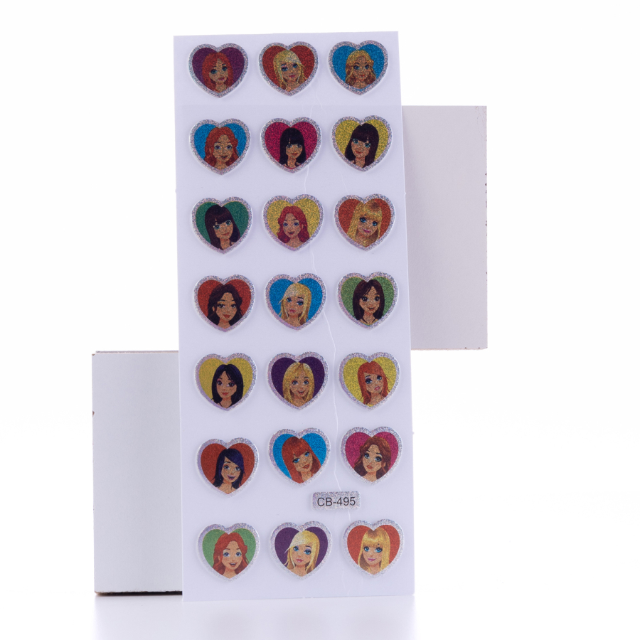 Embossed adhesive sticker, hearts with girl figures / 5 pages - 1