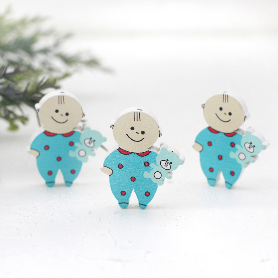 Wooden apere doll in blue overalls, 3 pcs - 1