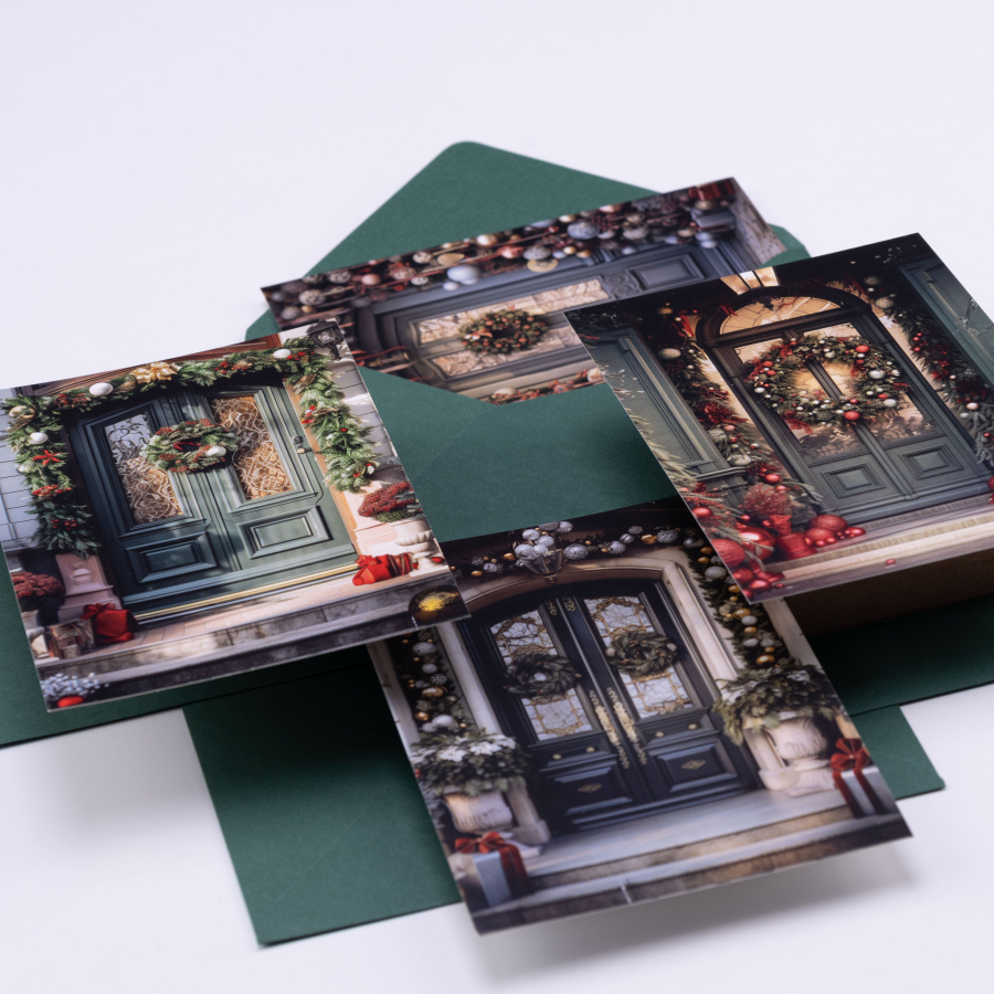 Postcard set with green envelope, Christmas Door Ornaments / 1 set (4 pcs) - 1