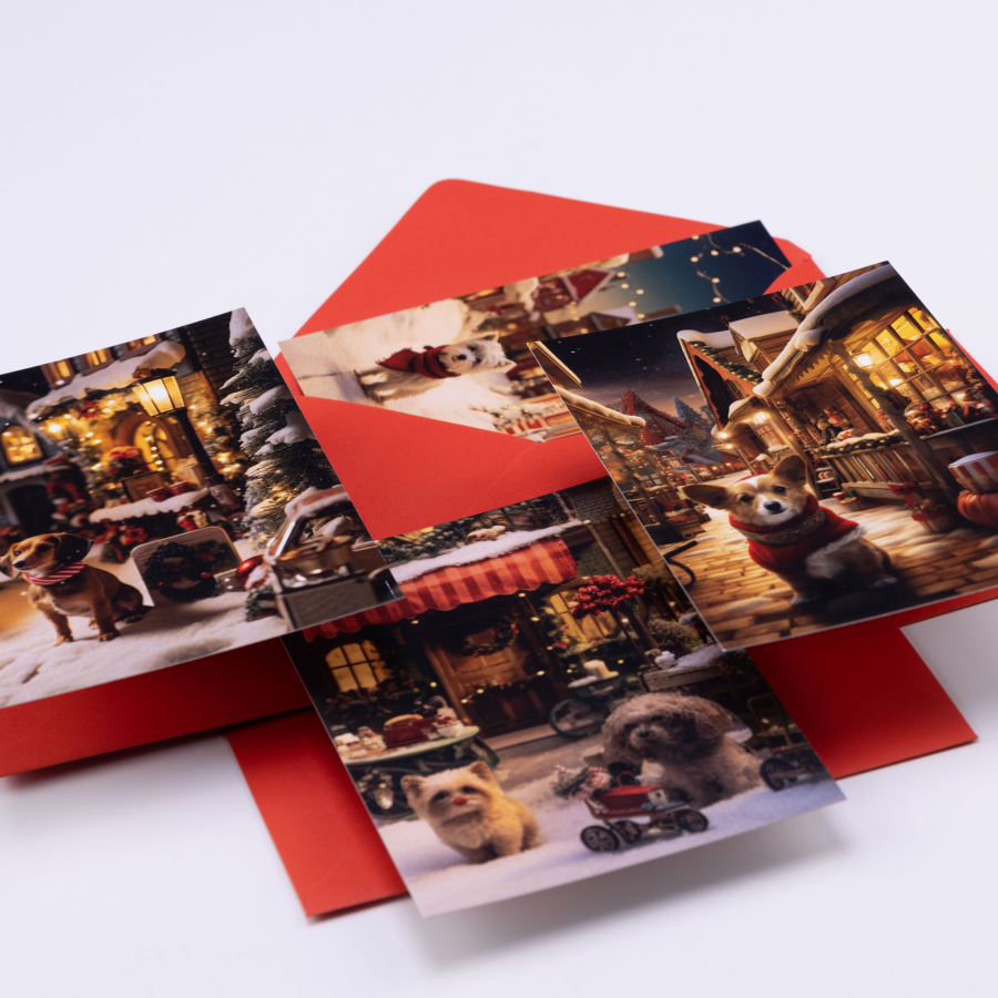 Set of postcards with red envelopes, Winter and Dogs / 1 set (4 pcs) - 1