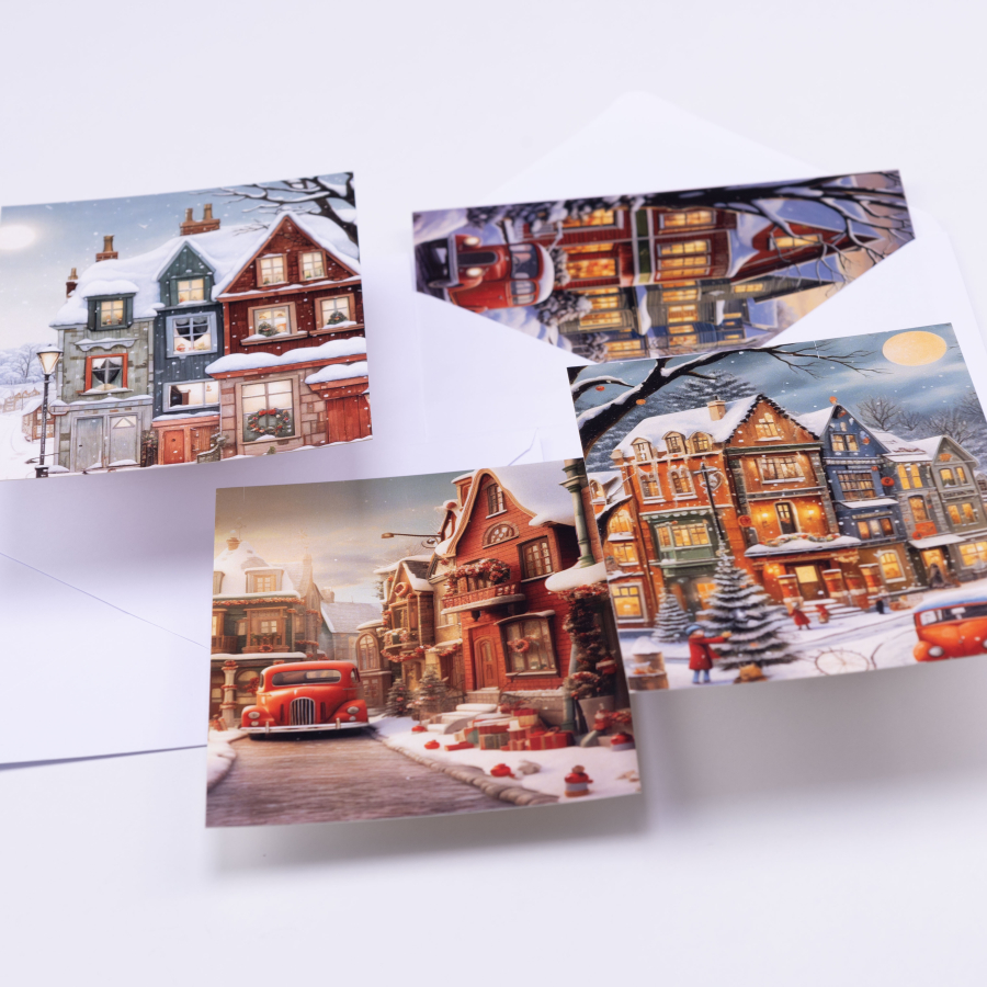 Set of postcards with white envelopes, Christmas and Snowy Streets / 1 set (4 pcs) - 1