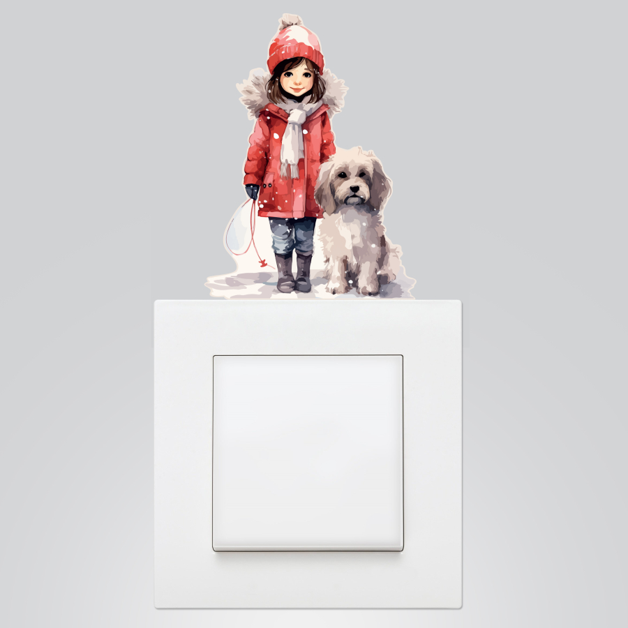 Christmas socket sticker 9x12 cm, Girl and Dog / 5 pcs - 1