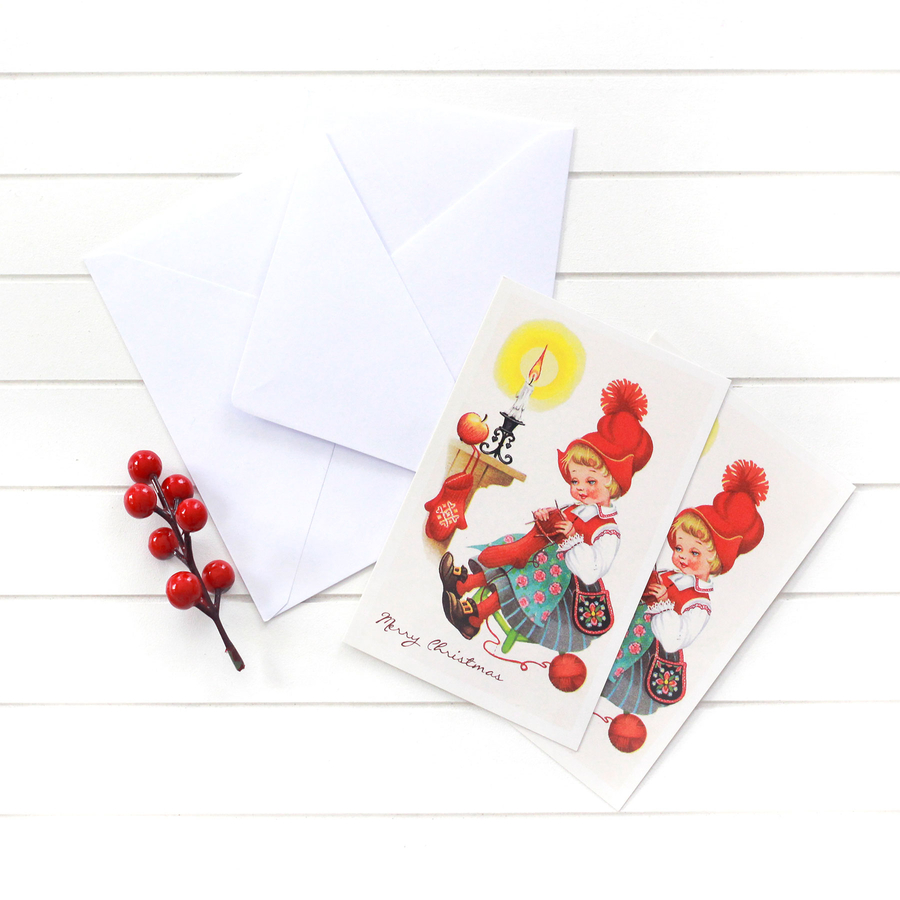 Christmas postcard-envelope set, knitting girl / 25 pcs - 2