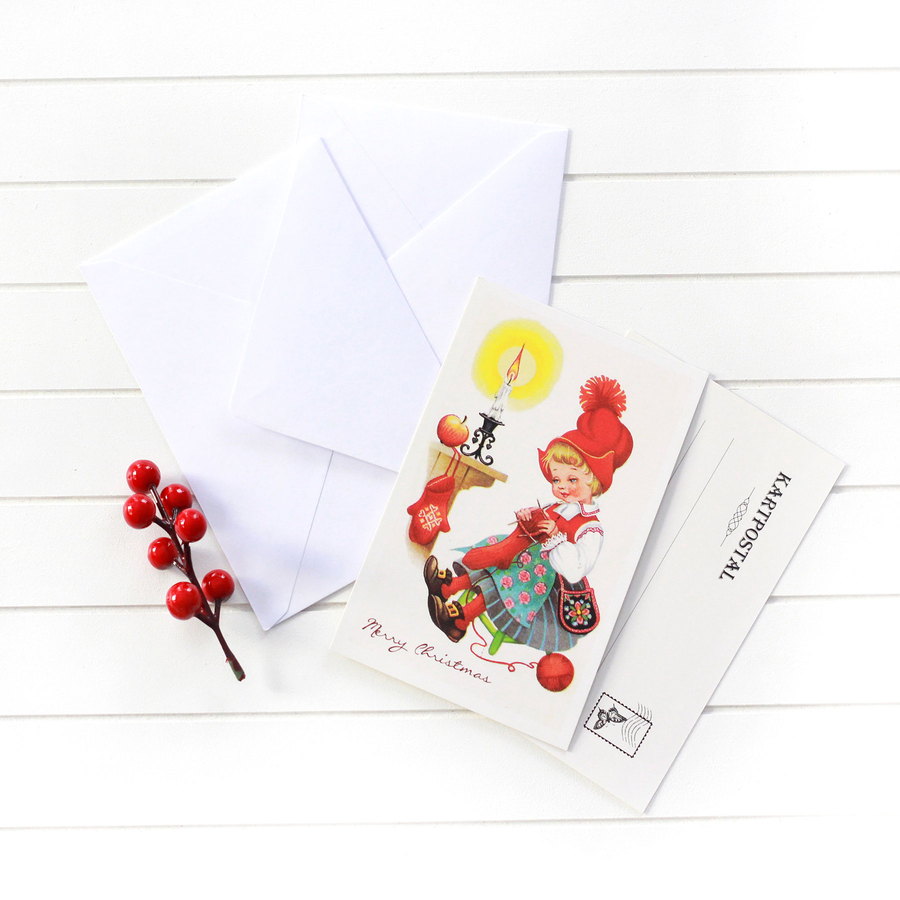 Christmas postcard-envelope set, knitting girl / 25 pcs - 1