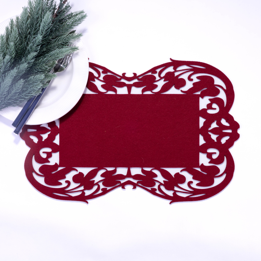 Burgundy felt placemat, flower - 27x44 cm / 2 pcs - 1