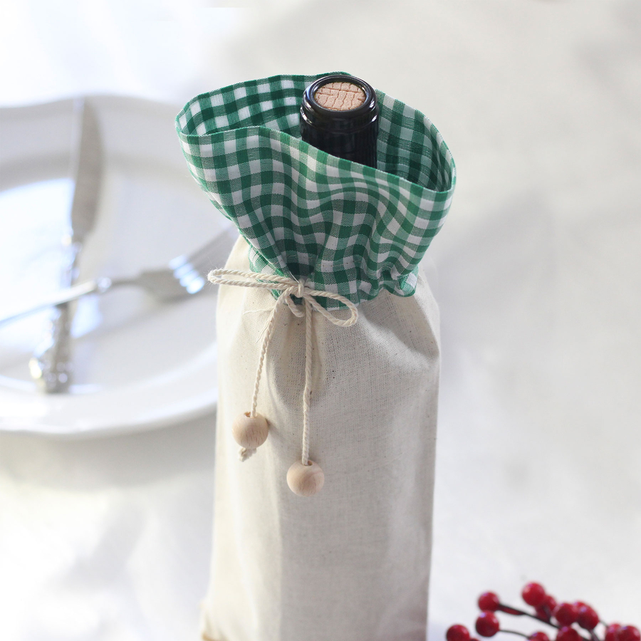 Green gingham, raw cloth wine bottle cover / 14x34 cm / 2 pcs - 2