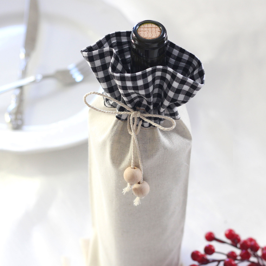 Black gingham, raw cloth wine bottle cover / 14x34 cm / 2 pcs - 2