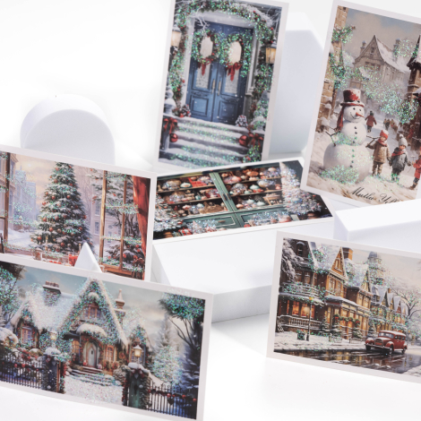 Glitter postcard, Christmas, winter streets / Set (6 pcs) - Bimotif