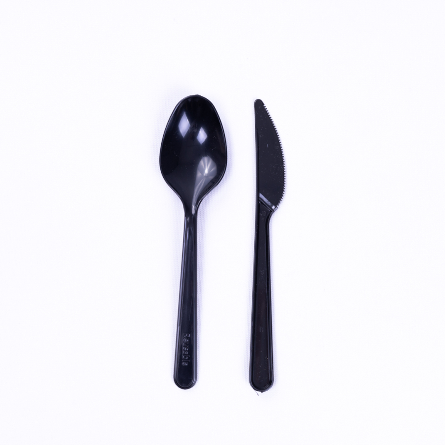 Plastic Disposable 25pcs Spoon Knife Set, Black - 1